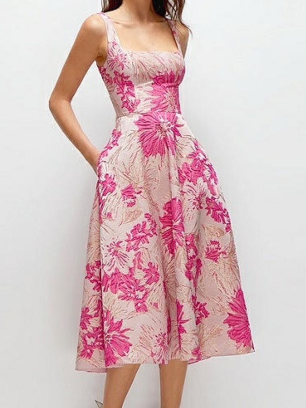 Square-Neck Floral Midi Dress in Pink on Cream